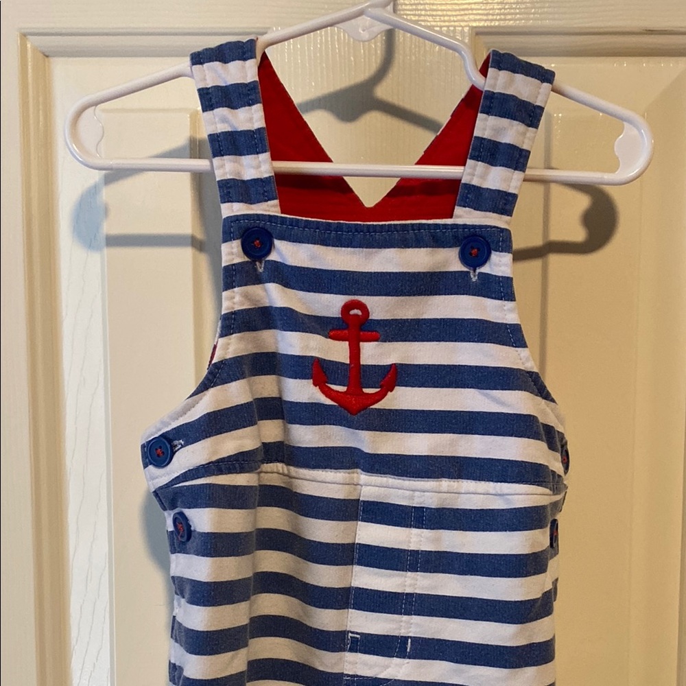 Striped Blue and White Overalls with Red Anchor